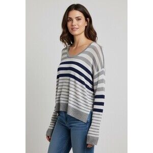 C&C California Women Medium Knit Sweater Striped Cotton Grey Blue White